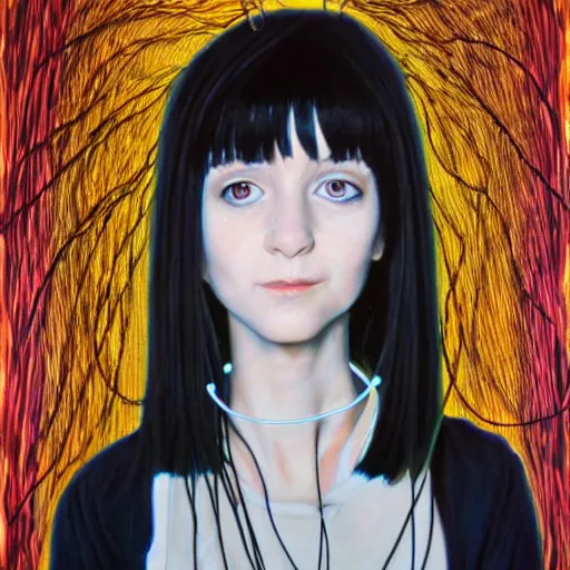 Image similar to pure evil lain with hundreds of wires coming out of her head, portrait, painting