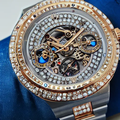 Prompt: vvs diamond alexandrite watch, intricate design, rolex, cogs and gears, steampunk watch, richard mille, promotional photo, 8 k photography