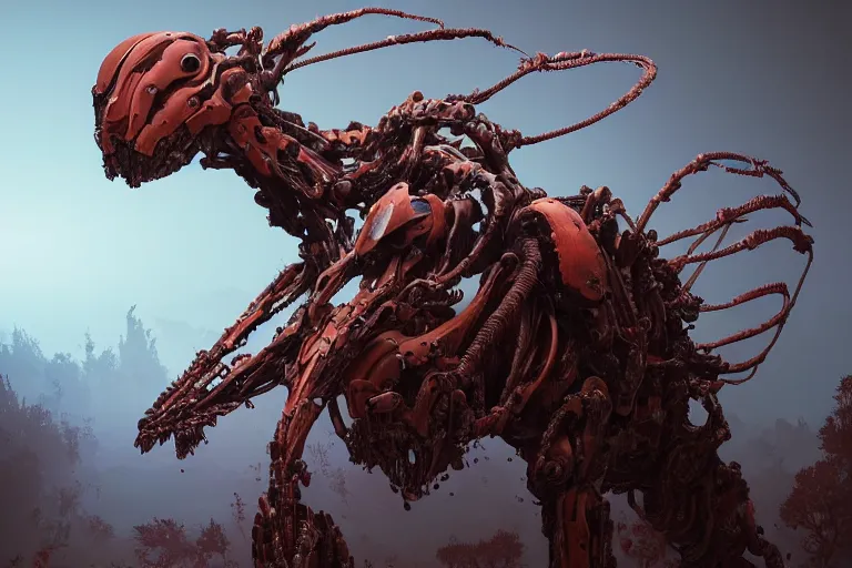 Image similar to portrait of a posed hyper detailed brown ultramarine burrower evangelion realistic mechanical and fleshy organic creature similar look as horizon forbidden west horizon zero dawn bioluminiscence in a dark deep forest at dawn in spring, with reflection and textures, by kilian eng, substance painter reaslitic mech surface metal painted scratches