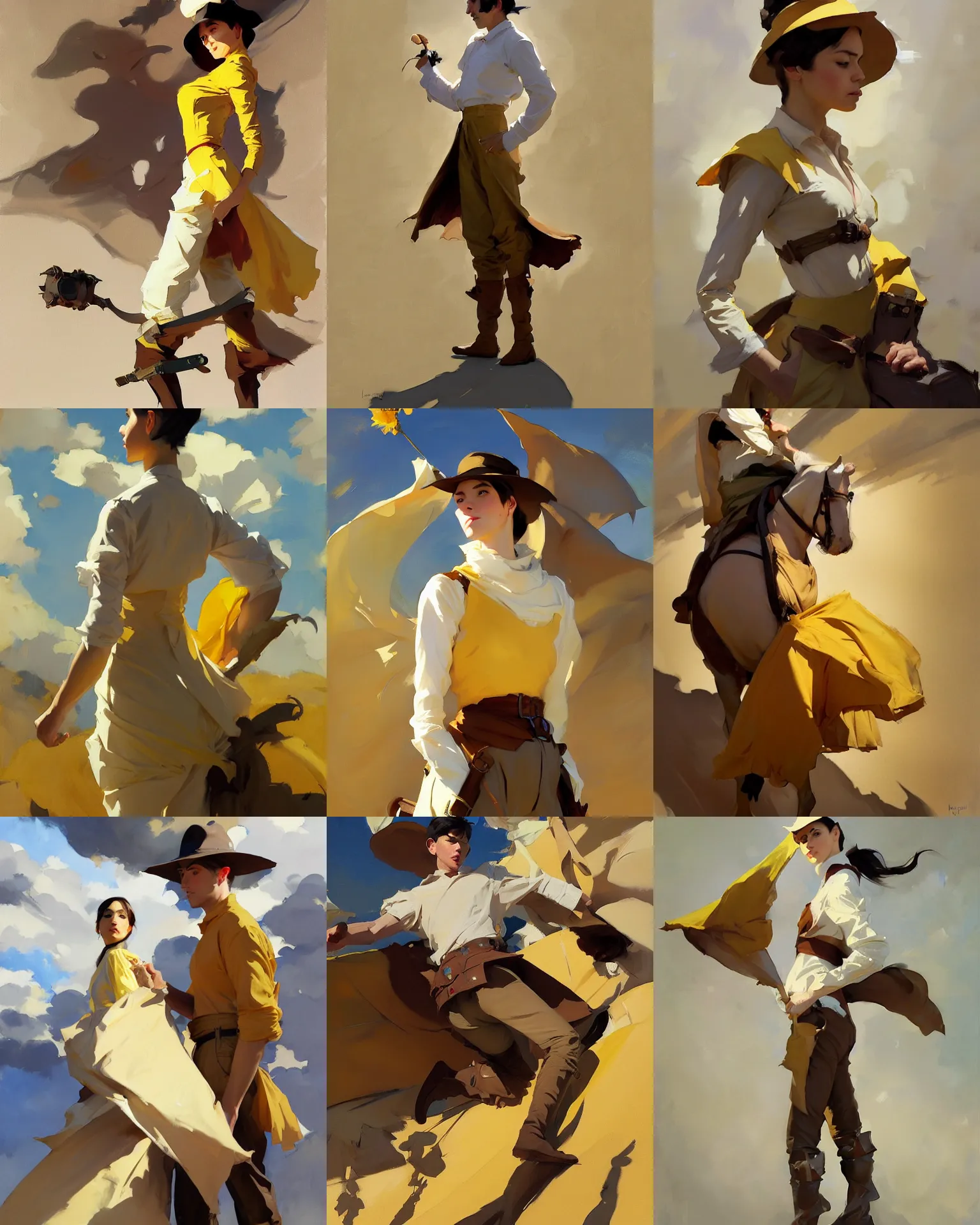 Prompt: white brown deep yellow cloth fabric jodhpurs greg manchess painting by sargent and leyendecker, studio ghibli, fantasy, medium shot, asymmetrical, intricate, elegant, matte painting, illustration, hearthstone, by rhads by greg rutkowski, by greg tocchini, by james gilleard, by joe fenton