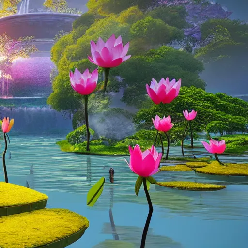 Prompt: lotus flowers, a temple in the distance, fresh and natural, bright colors, fantasy, paint style, unreal engine