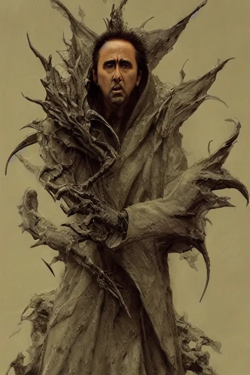 Image similar to Angel Nicolas Cage face with nimbus, dark fantasy, intricate, highly detailed, smooth, artstation, painted by Wayne Barlowe, Greg Rutkowski, zdislav beksinski, Francis Bacon