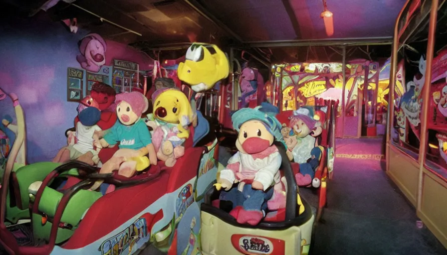 Prompt: 1990s photo of inside the Sppoky Beanie Babies ride at Universal Studios in Orlando, Florida, riding a Beanie Baby car through a haunted house, cinematic, UHD