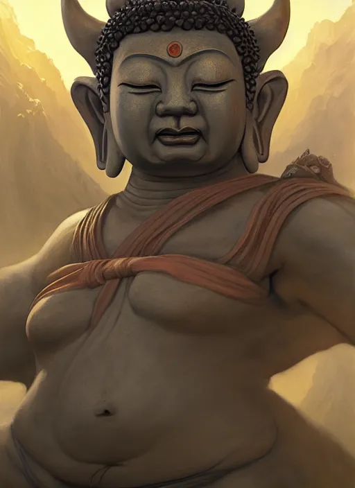 Image similar to oni with the face of a buddha, subsurface scattering, by jesper ejsing, justin gerard, tomasz alen kopera, cgsociety and fenghua zhong, highly detailed, rim light, cinematic lighting, illustration, art, octane render, very coherent, cinematic, hyper realism, high detail, octane render, 8 k