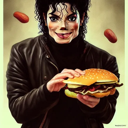 Prompt: portrait of a Michael Jackson eating a hamburger, extra onions and ketchup, luscious patty with sesame seeds, masculine, handsome, D&D, fantasy, intricate, elegant, highly detailed, digital painting, artstation, concept art, matte, sharp focus, illustration, art by Artgerm and Greg Rutkowski and Alphonse Mucha