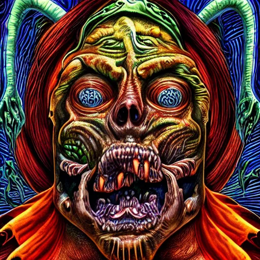 Image similar to horrifying monster in hell, maximalist, high detail, 8k, ornate, dark fantasy, realistic, masterpiece, Trending on art station, complex, Alex Grey