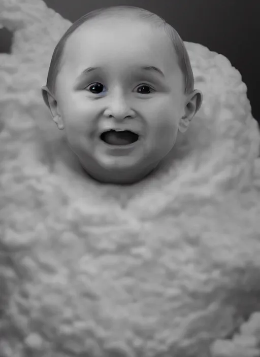 Image similar to a potato photo of Putin as a mentally challenged baby dissolving into diapers, 4k, trending on artstation, Norman Saunders