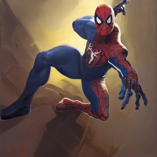 Image similar to greg manchess portrait painting of partially armored spiderman with exo - skeleton as overwatch character, medium shot, asymmetrical, profile picture, organic painting, sunny day, matte painting, bold shapes, hard edges, street art, trending on artstation, by huang guangjian, gil elvgren, ruan jia, greg rutkowski, gaston bussiere