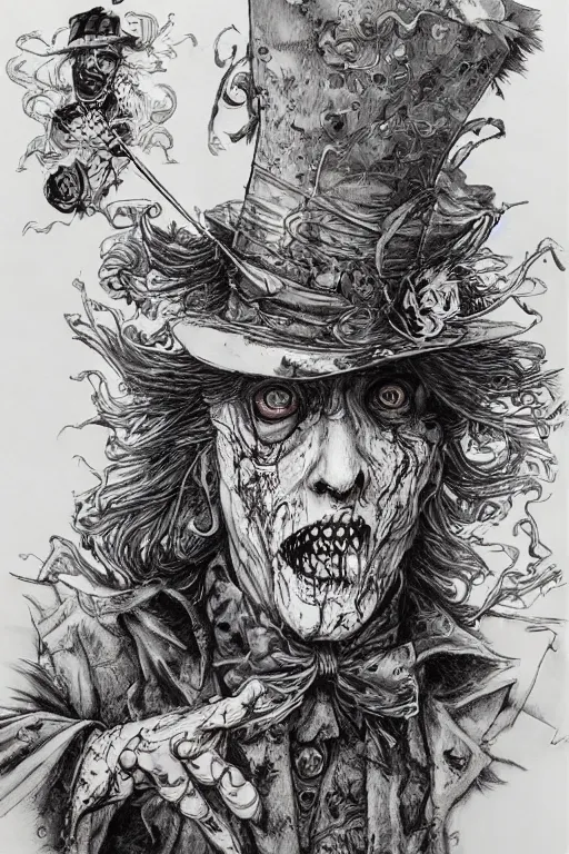 Prompt: Zombie mad hatter , pen and ink, intricate line drawings, by Yoshitaka Amano, Ruan Jia, Kentaro Miura, Artgerm, watercolor