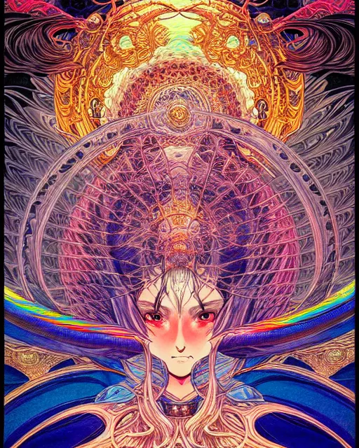 Image similar to hyper detailed illustration of the god of light, prismatic, kami, intricate linework, lighting poster by moebius, ayami kojima, 90's anime, retro fantasy