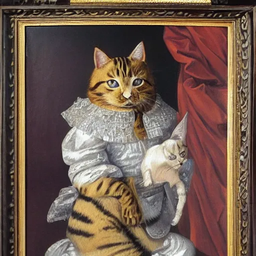 Image similar to cat playing chess looking wise, rococo oil painting