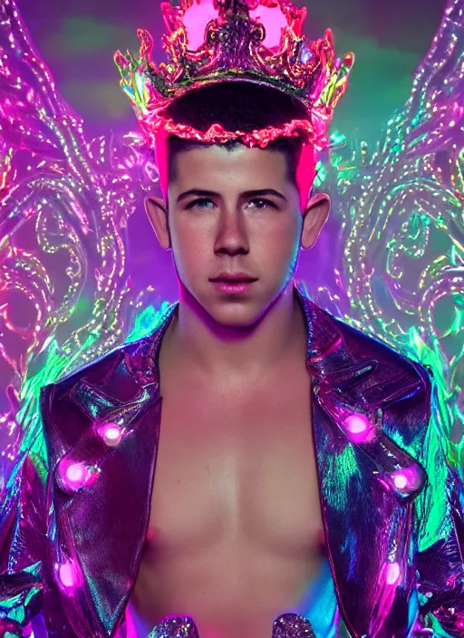 Image similar to photo of baroque and bladerunner delicate neon emerald sculpture of seductive prince nick jonas pink iridescent humanoid deity wearing metallic jungle leaves, crystal tigers, glowing rainbow lights, crown made of hands, cinematic lighting, photorealistic, octane render 8 k depth of field 3 d