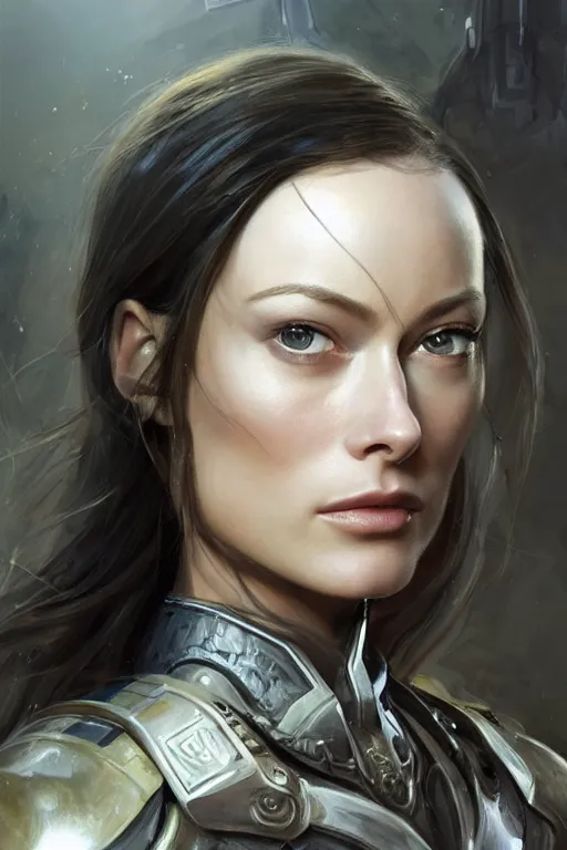 Image similar to a professional painting of a young Olivia Wilde, clothes in military armor, olive skin, long dark hair, beautiful bone structure, symmetrical facial features, intricate, elegant, digital painting, concept art, smooth, sharp focus, illustration, from StarCraft by Ruan Jia and Mandy Jurgens and Artgerm and William-Adolphe Bouguerea