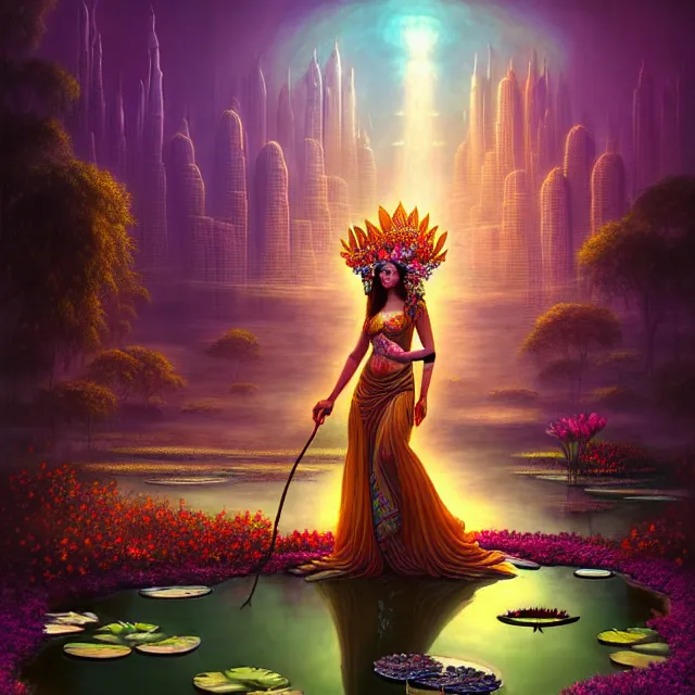 Image similar to Beautiful 3d render of the flower queen goddess near a pond full of lotus, atmospheric lighting, painted, intricate, volumetric lighting, beautiful, rich deep colours masterpiece, sharp focus, ultra detailed, in the art style of Dan Mumford and marc simonetti, with a clear crowded futuristic cyberpunk dubai city in the background, astrophotography