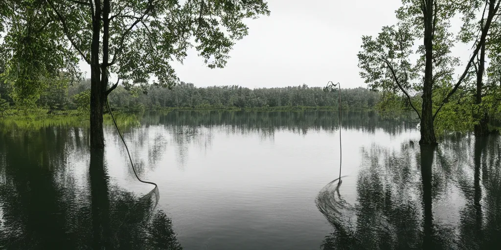 Image similar to symmetrical photograph of an infinitely long rope floating on the surface of the water, the rope is snaking from the foreground stretching out towards the center of the lake, a dark lake on a cloudy day, trees in the background, anamorphic lens