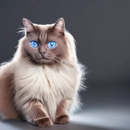 Image similar to full-body studio photograph of a birman cat, clear ice-blue eyes, warm brown colorpoints, hd, studio lighting, stock photo, longhaired, anatomically accurate