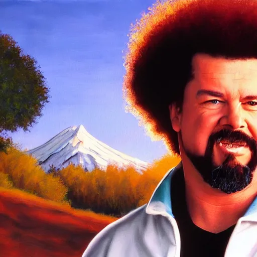 Image similar to a closeup photorealistic photograph of bob ross style kenny powers playing baseball, a painting on a canvas. mountains and trees. film still. brightly lit scene. this 4 k hd image is trending on artstation, featured on behance, well - rendered, extra crisp, features intricate detail, epic composition and the style of unreal engine.