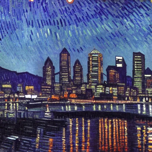 Prompt: downtown Seattle at night, 4k, by VanGogh