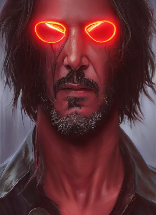 Image similar to Keanu Reeves, red glowing eyes, silver long hair, male, cyberpunk, extremely detailed, digital painting, artstation, concept art, smooth, sharp focus, illustration, stunning lighting, art by artgerm and greg rutkowski and alphonse mucha and simon stalenhag, realistic character concept, high fantasy, dark atmosphere, golden ratio, cinematic lighting, hyperdetailed, high resolution, insanely detailed and intricate, artstation, Marc Simonetti, Greg Rutkowski, 8k