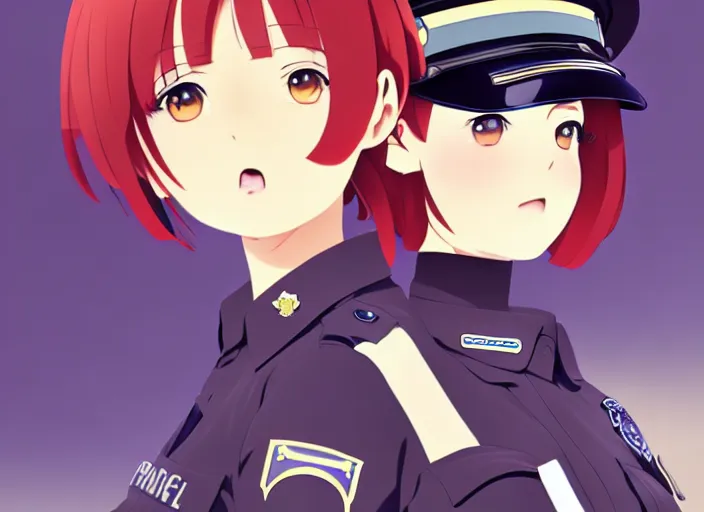 Image similar to anime film visual illustration police woman outside her patrol car, cute face by ilya kuvshinov, makoto shinkai, kyoani, masakazu katsura, dynamic pose, crisp and sharp, yoshinari yoh, rounded eyes, anime poster, ambient light, focused, flat, cel shaded