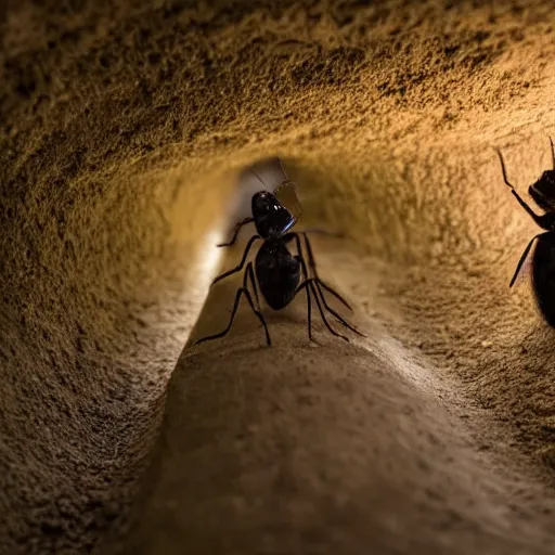 Image similar to humans wearing realistic ant costumes in an underground dirt tunnel