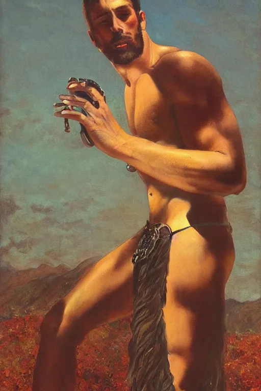 Prompt: an dramatic homoerotic painting of a handsome shirtless bandoliered gunslinger wearing fringed leather pants | red desert mesa background at twilight | by bill ward, by tom of finland, by albert bierstadt, by louis comfort tiffany | trending on artstation