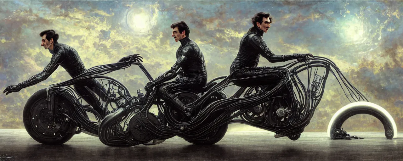 Image similar to nikola tesla riding a futuristic motorbike designed by h. r. giger, rule of thirds, uhd 8 k, high detail, masterpiece, cinematic, bokeh, hyperdetailed, photorealistic, hyperrealism, intricate, by stanley artgerm lau, greg rutkowski, thomas kindkade, alphonse mucha, loish, norman rockwell