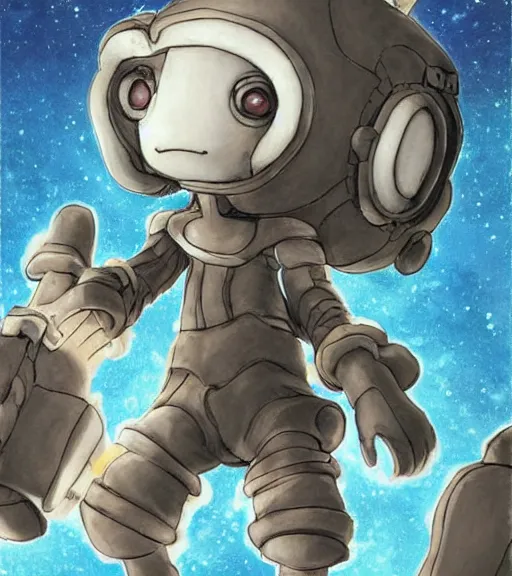 Image similar to beautiful little boy wearing an cyborg bear suit, artwork in kentaro miura and made in abyss, inspired in super bomberman, smooth, beautiful lightness, anatomically correct, trending on pixiv, space