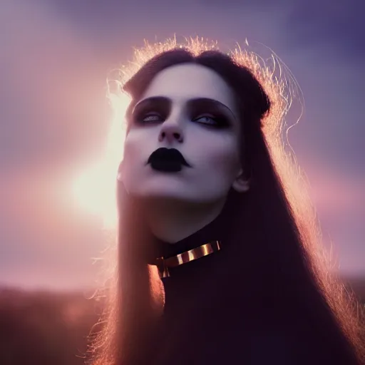 Image similar to photographic portrait of a stunningly beautiful gothic female with choker in soft dreamy light at sunset, god rays, contemporary fashion shoot, by edward robert hughes, annie leibovitz and steve mccurry, david lazar, jimmy nelsson, breathtaking, 8 k resolution, extremely detailed, beautiful, establishing shot, artistic, hyperrealistic, beautiful face, octane render