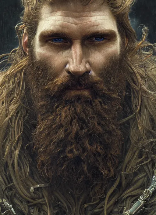 Image similar to portrait of a 4 0 year old giant strong man with long tangles of bushy ginger hair and beard, piercing eyes, wearing leather armor, hyper realistic face, epic, very low angle, fantasy art, in the style of greg rutkowski, intricate, alphonse mucha, hyper detailed, smooth