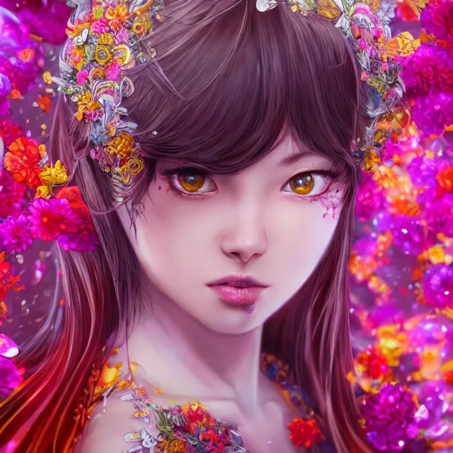 Prompt: studio portrait absurdly beautiful, elegant, lovely, young hypercolorful sensual anime teen rubies red petals gems, ultrafine hyperrealistic detailed face illustration by kim jung gi, irakli nadar, intricate linework, sharp focus, bright colors, matte, octopath traveler, final fantasy, unreal engine highly rendered, global illumination, radiant light, intricate rainbow environment