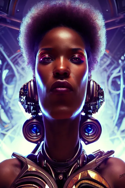 Image similar to ultra realistic, beautiful female african cyborg in a crowded smoky cyberpunk club in space megalopolis, sci - fi, intricate details, eerie, highly detailed, octane render, 8 k, art by artgerm and alphonse mucha and greg rutkowski