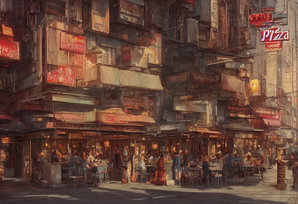 Image similar to A highly detailed matte painting of an Italian pizzeria in new york, streetscene, by Studio Ghibli, Makoto Shinkai, by Artgerm, by WLOP, by Greg Rutkowski, volumetric lighting, cyberpunk, octane render, 4K resolution, trending on artstation, masterpiece