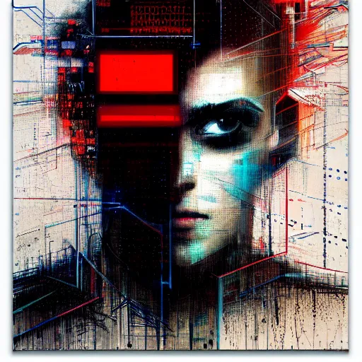 Prompt: hyperrealistic portrait of a cyberpunk hacker, digital ui, abstract blocks, by Guy Denning, Russ Mills, glitch art, hacking effects, glitch effects, digital tech effects, chromatic, color blocking!, oil on canvas, concept art, abstract