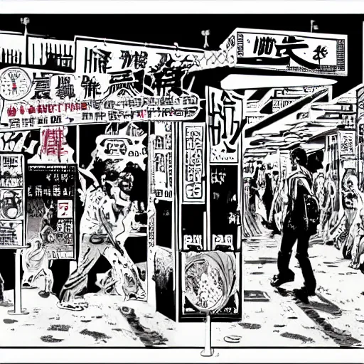 Prompt: glossy old advertising poster, the walking dead, man walking through crowded hong kong street, zombies, horror, drawn comic by junji ito, pastels, gradient
