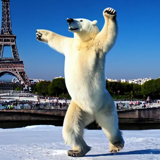 Prompt: a polar bear dancing by the eiffel tower