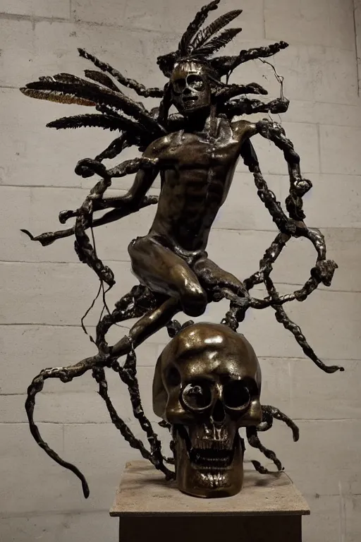 Image similar to Jean-Michel Basquiat as a bronze statue of Icarus reaching for the sun with a skull mask and wings as a corrupted and glitched Greek sculpture, glowing quartz crystal skull, wreath of ferns, abstract milky quartz eyes, many large flying monster eyes, flowing sakura silk, fabric, flowers. baroque elements, human skull. full-length view. baroque element. intricate artwork by caravaggio. many many birds birds on background. Trending on artstation. halo. octane render, cinematic, hyper realism, octane render, 8k, depth of field, 3D