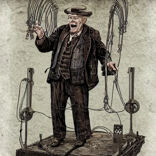 Prompt: Old wrinkled man singing happily in steampunk outfit, attached to wires. Dark, intricate, highly detailed, smooth, in style of Stanislav Vovchuk