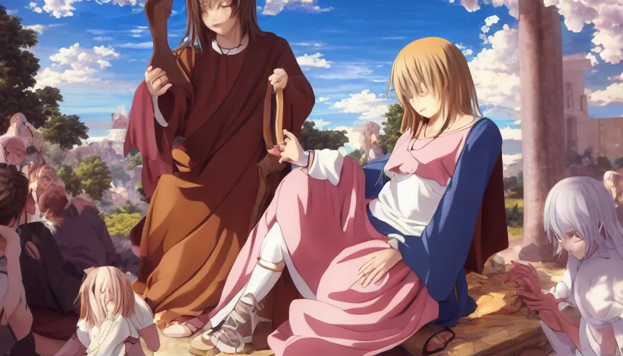 Image similar to jesus christ our lord and savior blessing a cute anime girl, photorealistic, anime, mini skirt, renaissance painting, hyper real, detailed, wide angle shot