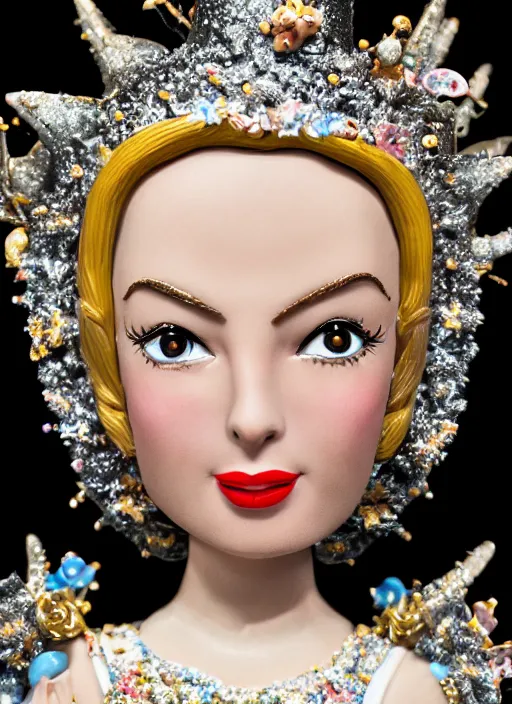 Prompt: closeup face profile portrait of tin toy grace kelly as a fairytale princess wearing a crown eating cakes, bikini, depth of field, zeiss lens, detailed, symmetrical, centered, fashion photoshoot, by nicoletta ceccoli, mark ryden, lostfish, breathtaking, 8 k resolution, extremely detailed, beautiful, establishing shot, artistic, hyperrealistic, octane render