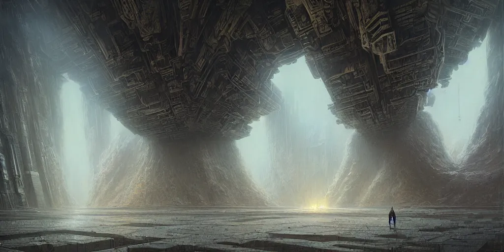 Image similar to lost and alone in a vast future sci - fi cyberpunk brutalist megastructure temple by gustave dore and gustave moreau and beksinski and giger and craig mullins and jeremy mann, anamorphic lens flares