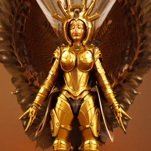 Prompt: the golden angel in her battle armor, zabrocki, karlkka, jayison devadas, trending on artstation, 8 k, ultra wide angle, zenith view, pincushion lens effect