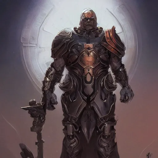 Image similar to darkseid character portrait, wearing shining armor, holding a large platinum shield, by peter mohrbacher, mark brooks, jim burns, wadim kashin, greg rutkowski, larry elmore, esao andrews, trending on artstation