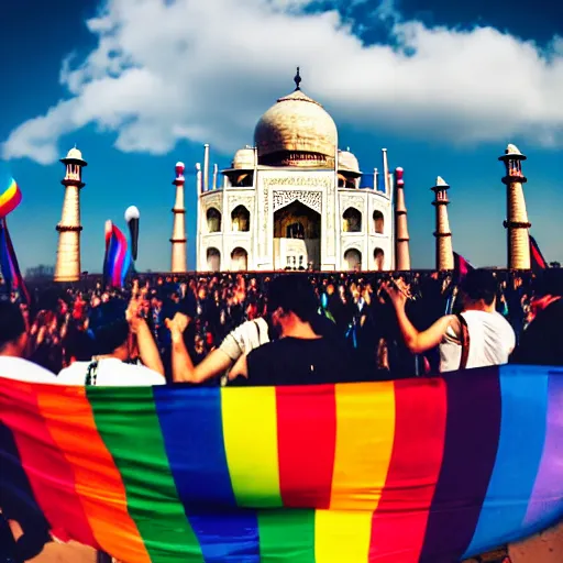 Image similar to photo of crowd of men wearing leather clothes with rainbow flags dancing at ( ( ( ( taj mahal ) ) ) ), well framed, sharp focus, 8 k, beautiful, award winning photo, highly detailed, intricate, centered, soft clouds