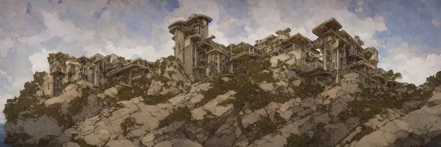 Prompt: hyper-realistic illustration of an exterior view of a huge Brutalist-style house on a rocky beach, by Alfons Mucha le Pater, Art Nouveau, Craig Mullins, Jules Louis Machard, Pierre-Narcisse Guérin, Carl Schweninger, Jr., asymmetry