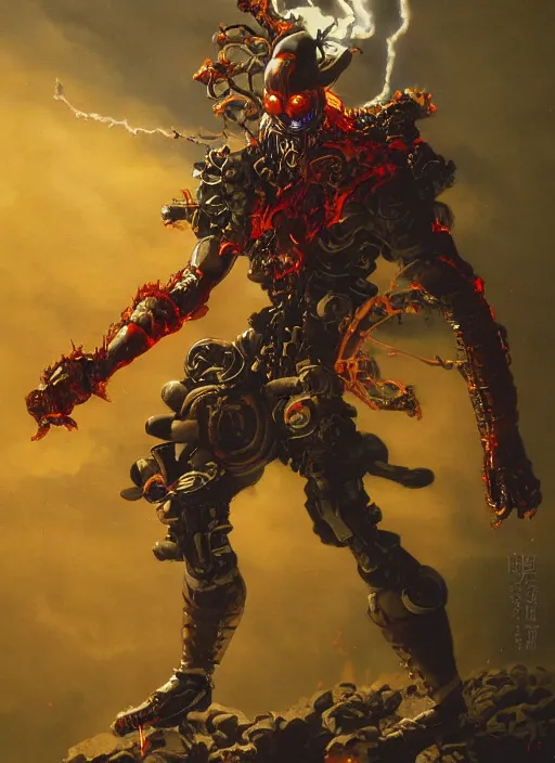 Image similar to portrait of a diabolical cyborg clown samurai fires a flamethrougher, wearing burning torn cape, dynamic pose, glowing eyes, ancient ruins, glowing veins subsurface scattering, in clouds, sunset, portrait, by gerald brom, by mikhail vrubel, by peter elson, muted colors, extreme detail, reflections, trending on artstation, 8 k