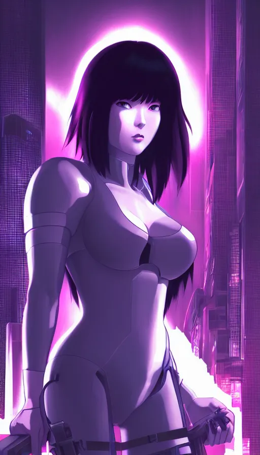 Image similar to a still fullbody portrait of motoko kusanagi ghost in the shell, finely detailed features, closeup at the faces, perfect art, at a cyberpunk city, gapmoe yandere grimdark, trending on pixiv fanbox, by ilya kuvshinov, rossdraws, artgerm