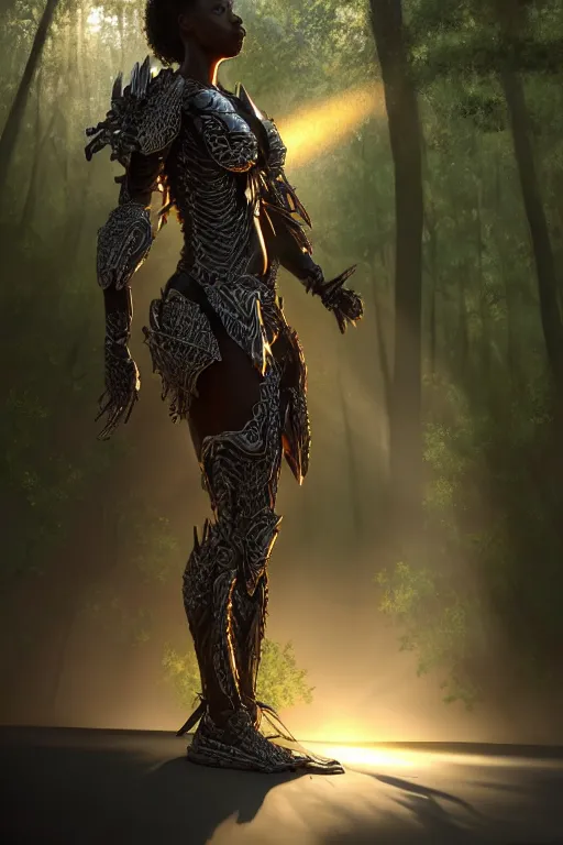 Prompt: hyperrealistic long shot mithra gorgeous black woman intricate exoskeleton bone armor in a forest sun behind her god rays highly detailed concept art eric zener elson peter cinematic low angle hd 8k sharp rack focus