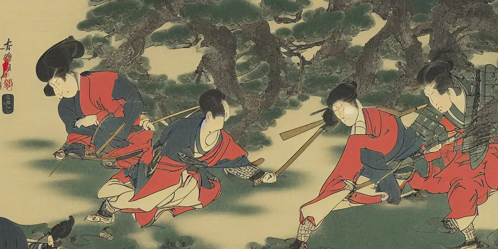 Image similar to ukiyo - e style painting of heavily armored samurai fighting in fierce battle in a beautiful forest, by tullio crali