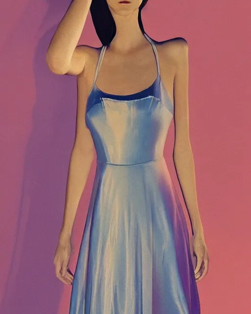 Image similar to in a twilight landscape, a young fashion model woman shows off her figure in a shiny party dress, face and eyes covered by a pointed geometry